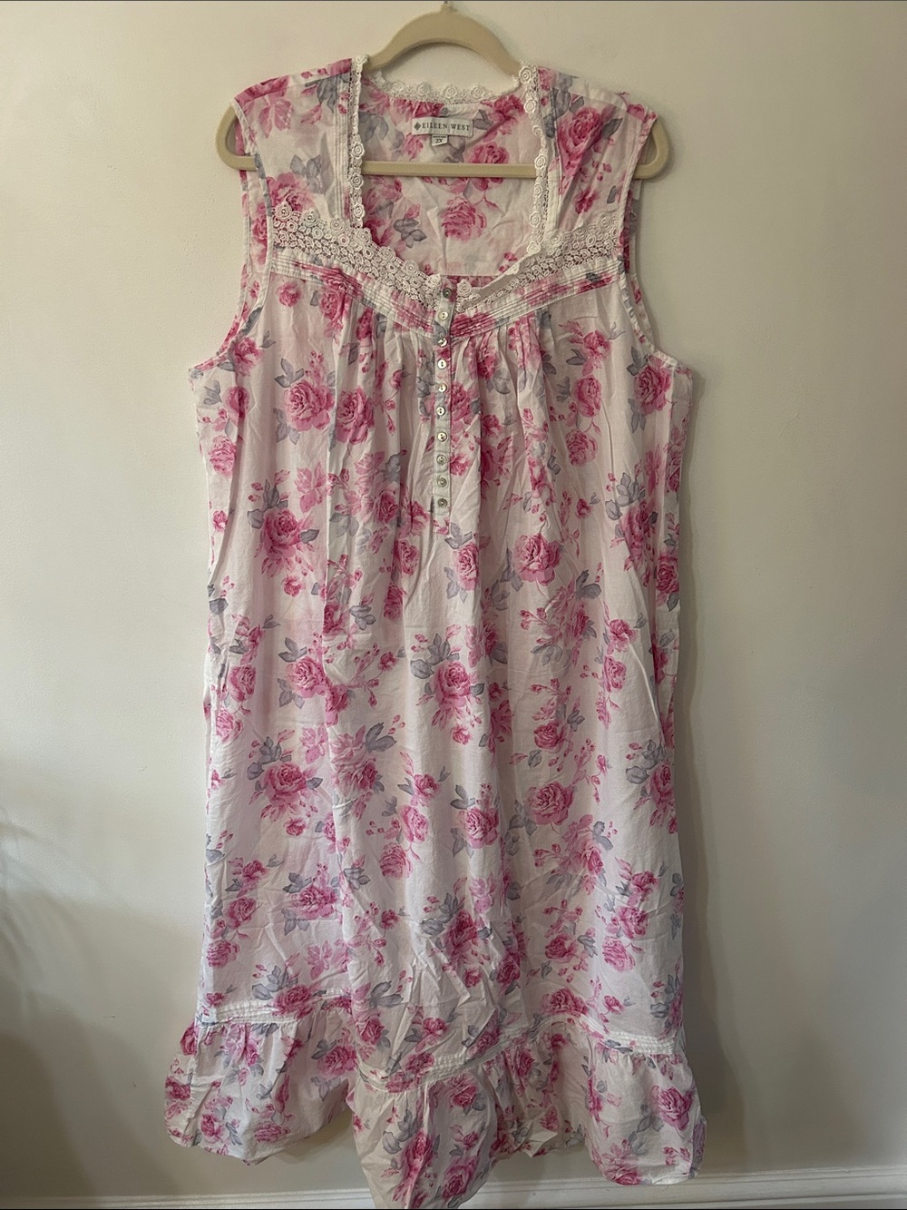 Eileen West Pink Floral Sleeveless Nightgown Size 2X Cottagecore Lace Ruffled - Picture 12 of 12